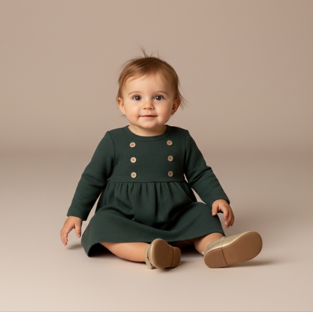 Baby Girl Ribbed Long Sleeve Ruffle Dusty Blue Holiday Christmas Dress 6-9M